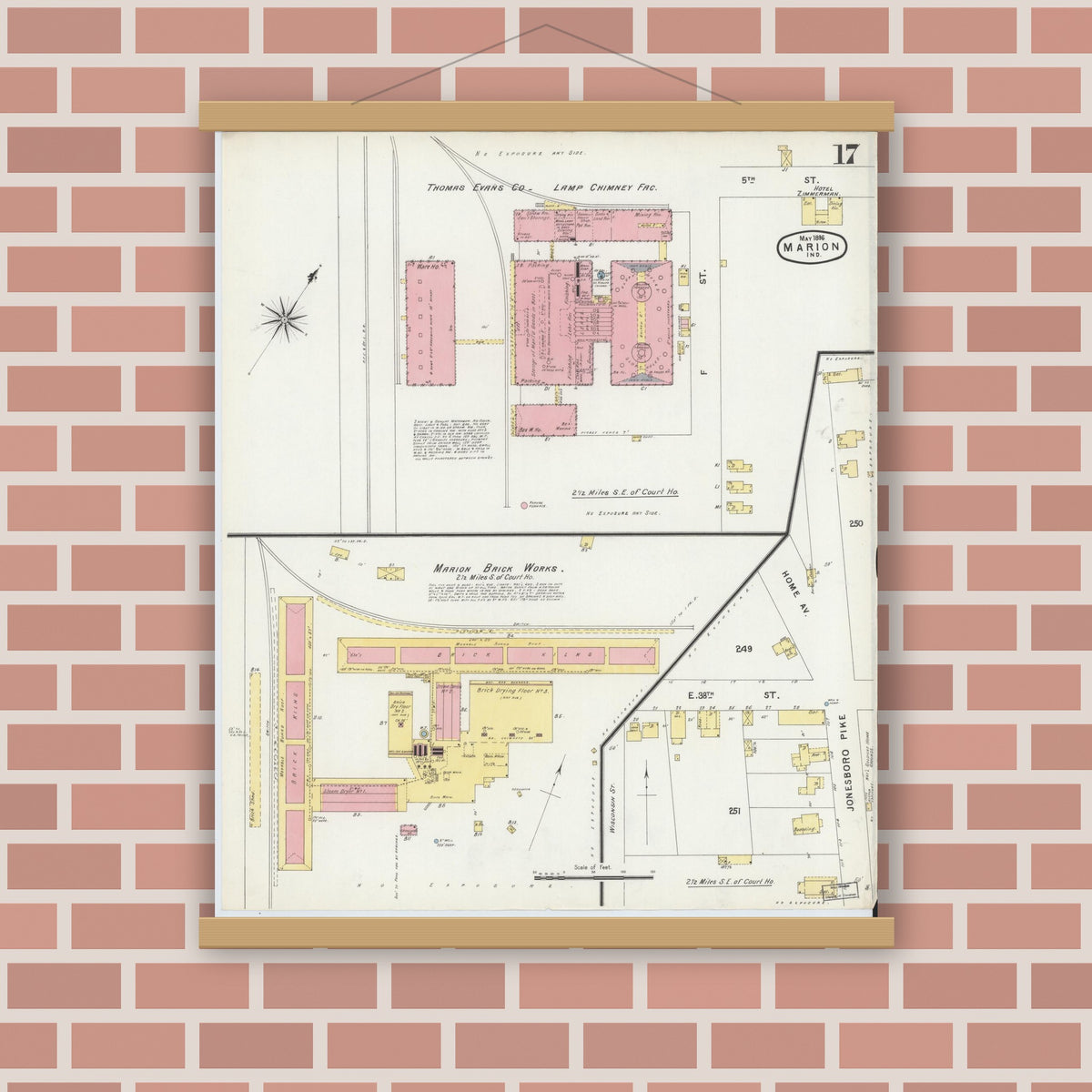 Old map wall art mockup — magnetic wood frame on brick wall — Sanborn Fire Insurance Map from Marion, Grant County, Indiana (1896), Sheet #0017