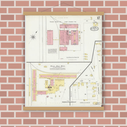 Old map wall art mockup — magnetic wood frame on brick wall — Sanborn Fire Insurance Map from Marion, Grant County, Indiana (1896), Sheet #0017