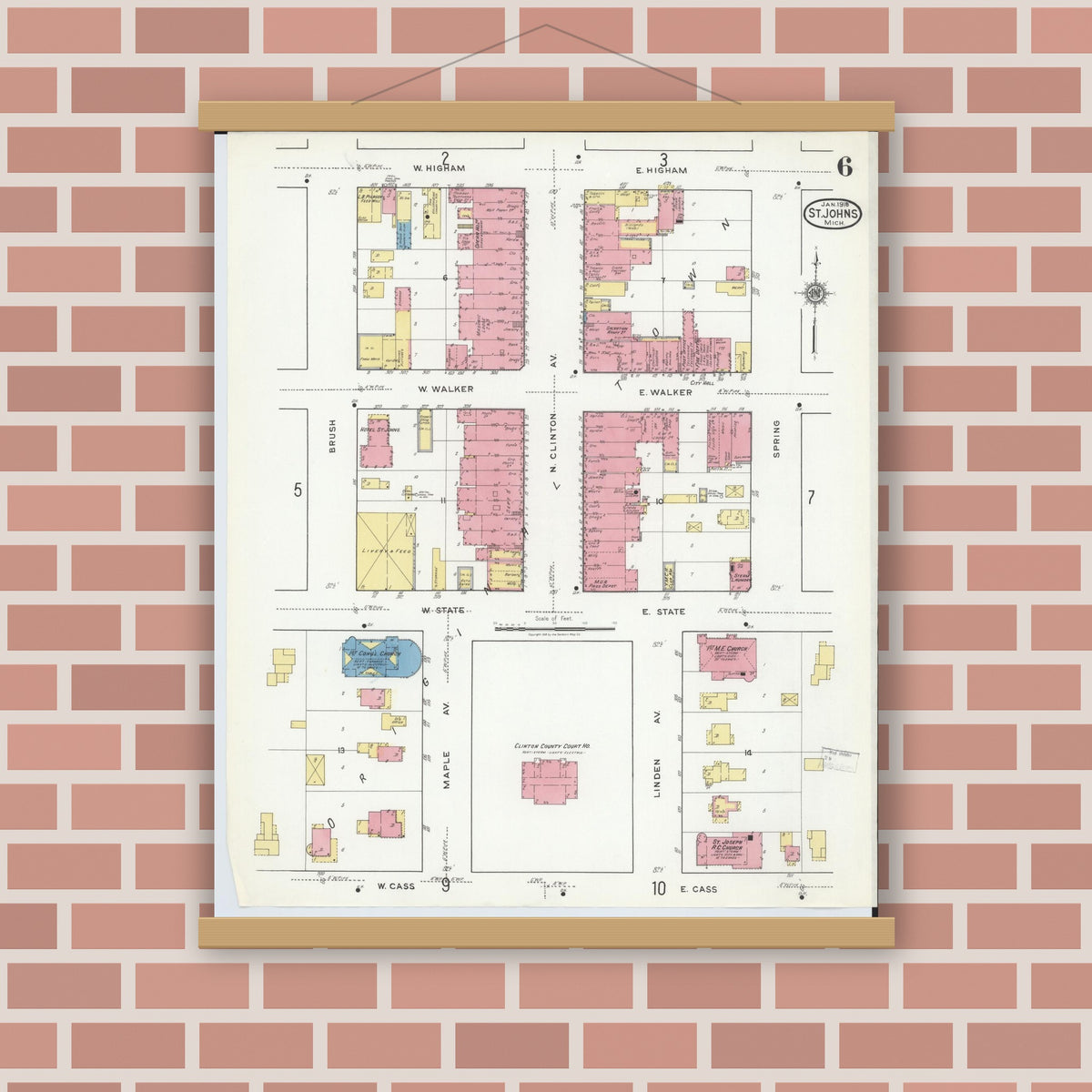 Old map wall art mockup — magnetic wood frame on brick wall — Sanborn Fire Insurance Map from Saint Johns, Clinton County, Michigan (1918), Sheet #0006