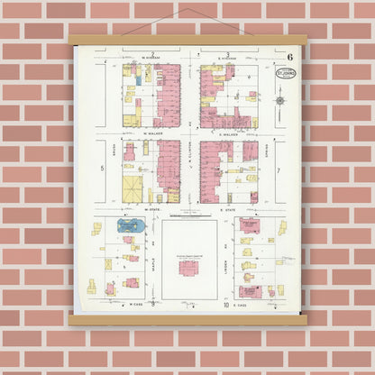 Old map wall art mockup — magnetic wood frame on brick wall — Sanborn Fire Insurance Map from Saint Johns, Clinton County, Michigan (1918), Sheet #0006