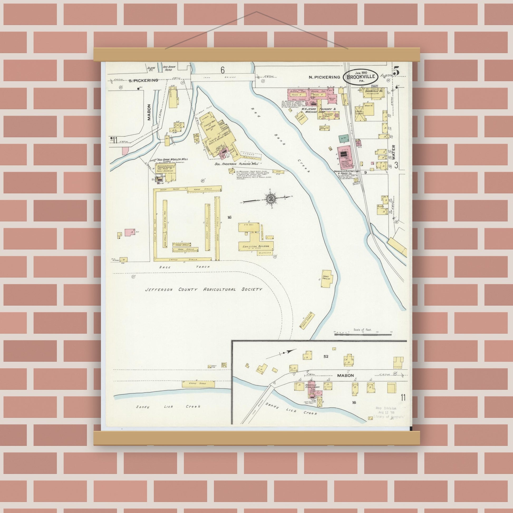 Old map wall art mockup — magnetic wood frame on brick wall — Sanborn Fire Insurance Map from Brookville, Jefferson County, Pennsylvania (1910), Sheet #0005