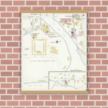 Old map wall art mockup — magnetic wood frame on brick wall — Sanborn Fire Insurance Map from Brookville, Jefferson County, Pennsylvania (1910), Sheet #0005