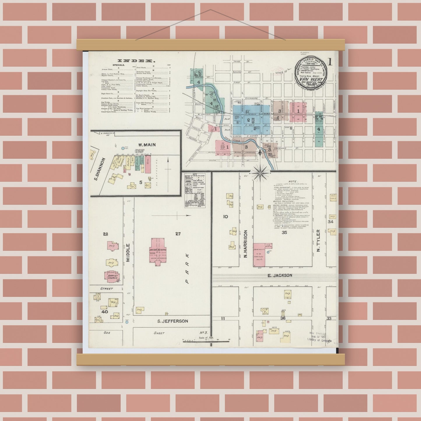 Old map wall art mockup — magnetic wood frame on brick wall — Sanborn Fire Insurance Map from Van Wert, Van Wert County, Ohio (1890), Sheet #0001