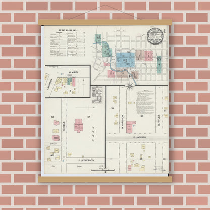Old map wall art mockup — magnetic wood frame on brick wall — Sanborn Fire Insurance Map from Van Wert, Van Wert County, Ohio (1890), Sheet #0001