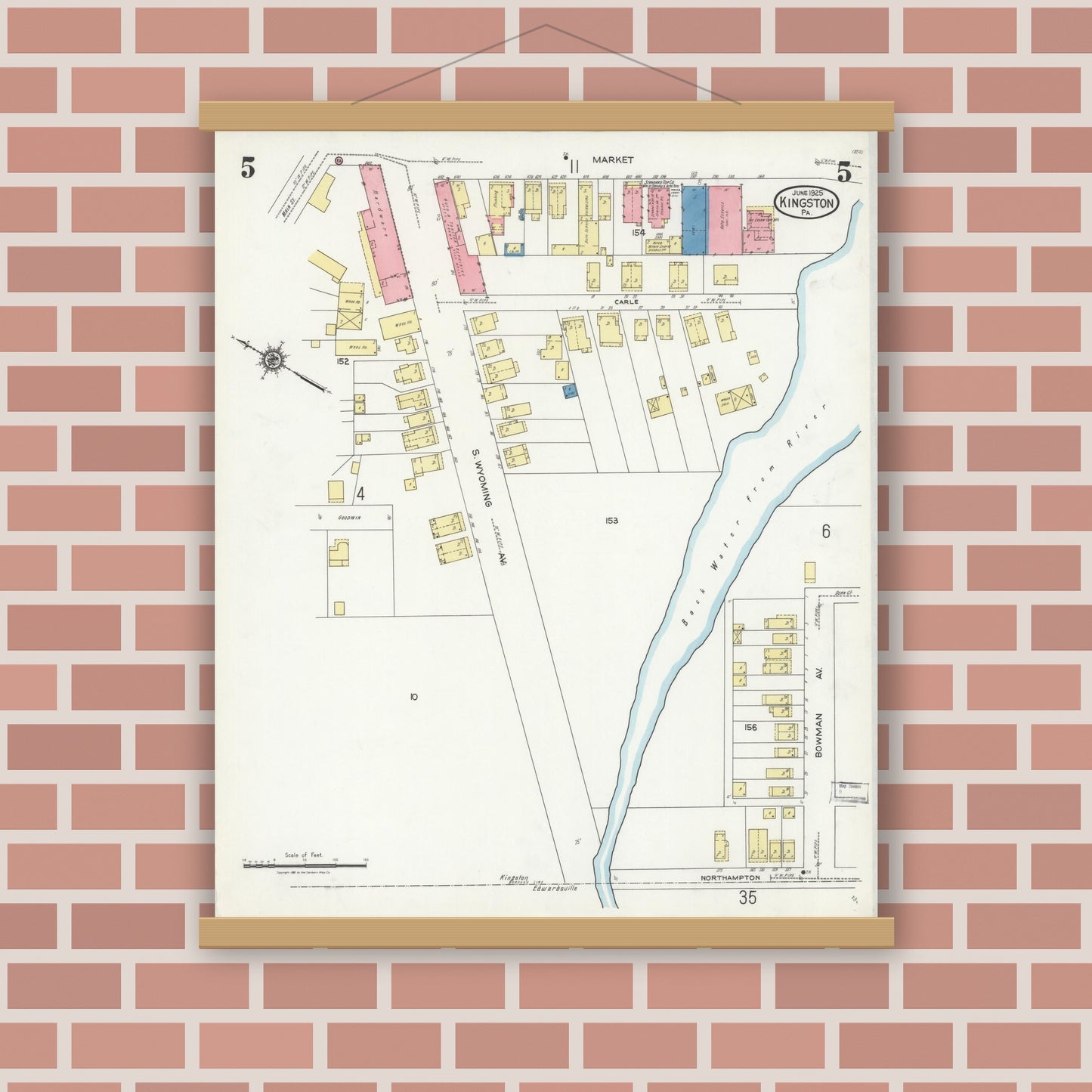 Old map wall art mockup — magnetic wood frame on brick wall — Sanborn Fire Insurance Map from Kingston, Luzerne County, Pennsylvania (1925), Sheet #0005
