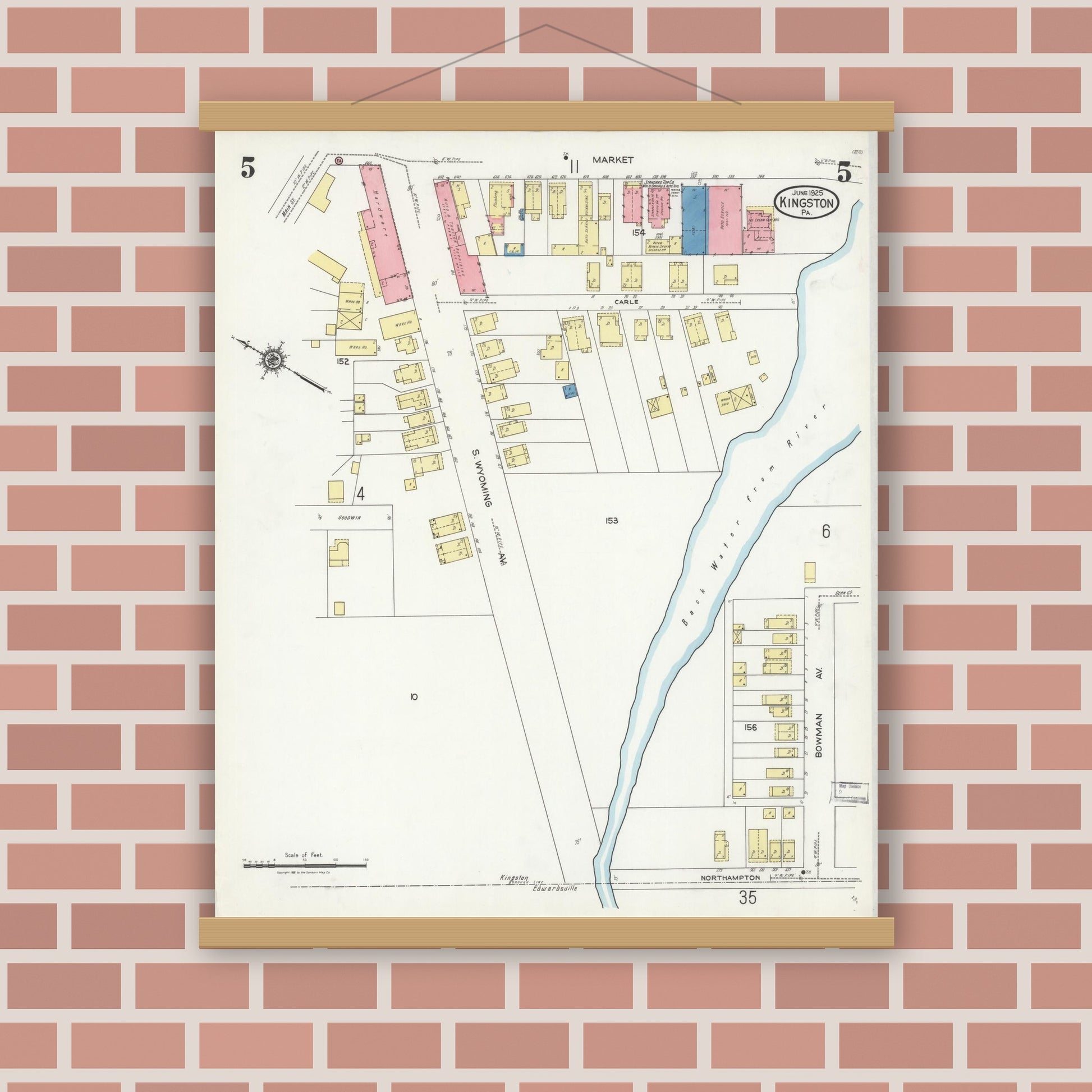 Old map wall art mockup — magnetic wood frame on brick wall — Sanborn Fire Insurance Map from Kingston, Luzerne County, Pennsylvania (1925), Sheet #0005