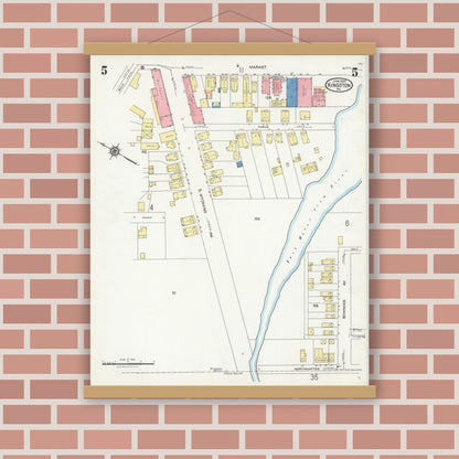 Old map wall art mockup — magnetic wood frame on brick wall — Sanborn Fire Insurance Map from Kingston, Luzerne County, Pennsylvania (1925), Sheet #0005