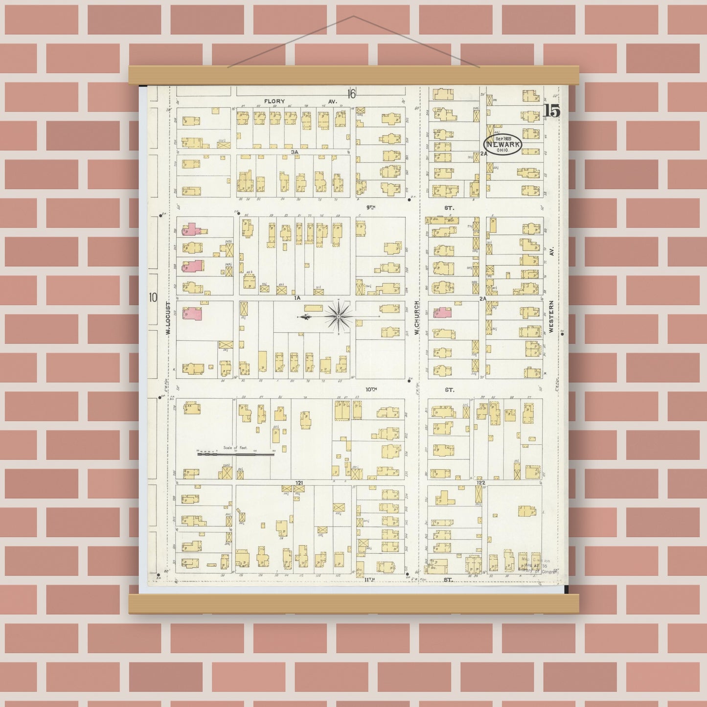 Old map wall art mockup — magnetic wood frame on brick wall — Sanborn Fire Insurance Map from Newark, Licking County, Ohio (1905), Sheet #0015