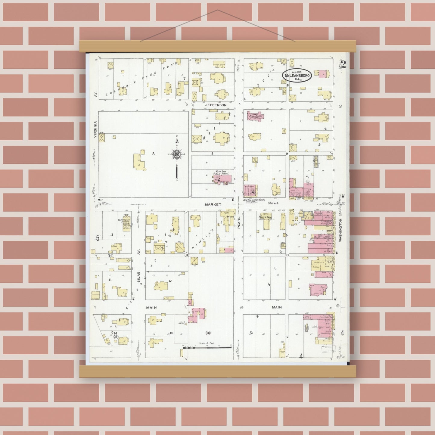 Old map wall art mockup — magnetic wood frame on brick wall — Sanborn Fire Insurance Map from Mcleansboro, Hamilton County, Illinois (1910), Sheet #0002