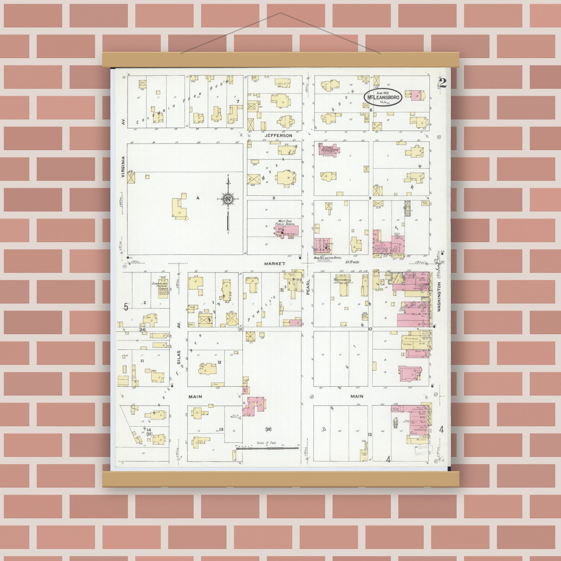Old map wall art mockup — magnetic wood frame on brick wall — Sanborn Fire Insurance Map from Mcleansboro, Hamilton County, Illinois (1910), Sheet #0002