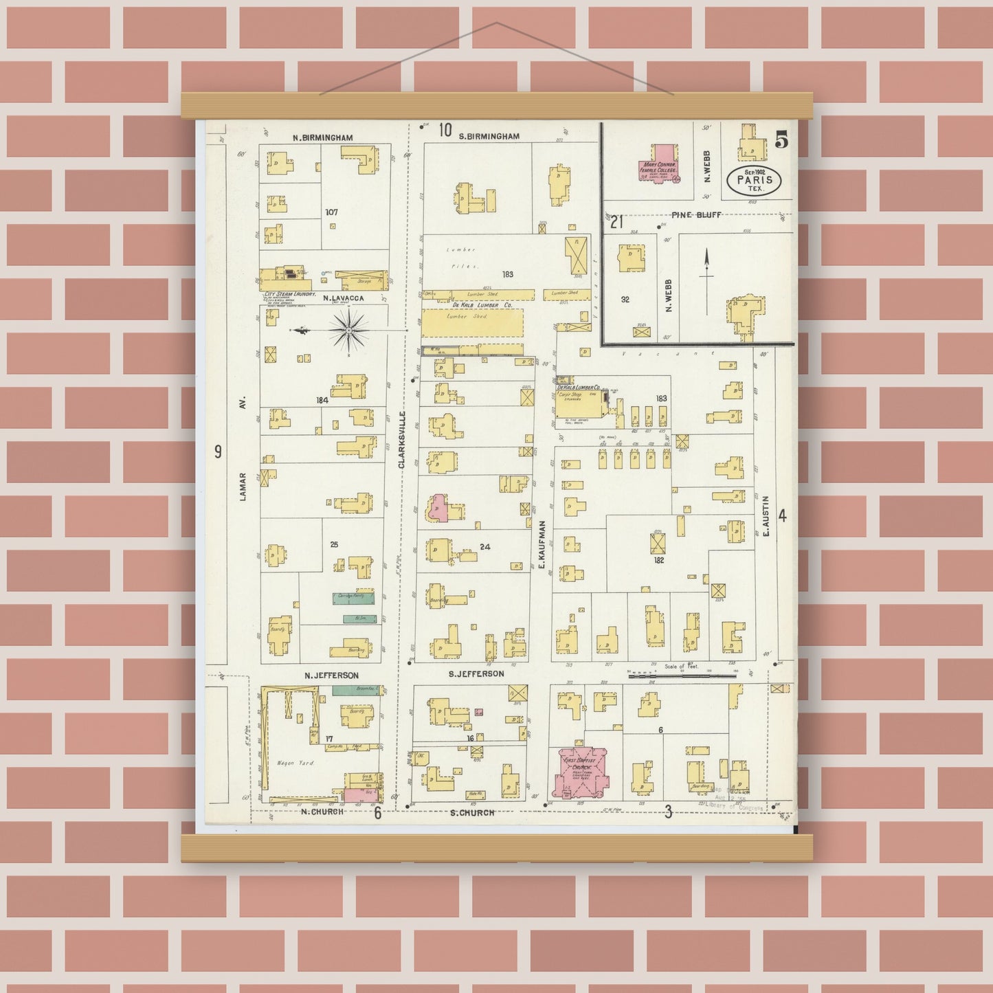 Old map wall art mockup — magnetic wood frame on brick wall — Sanborn Fire Insurance Map from Paris, Lamar County, Texas (1902), Sheet #0005