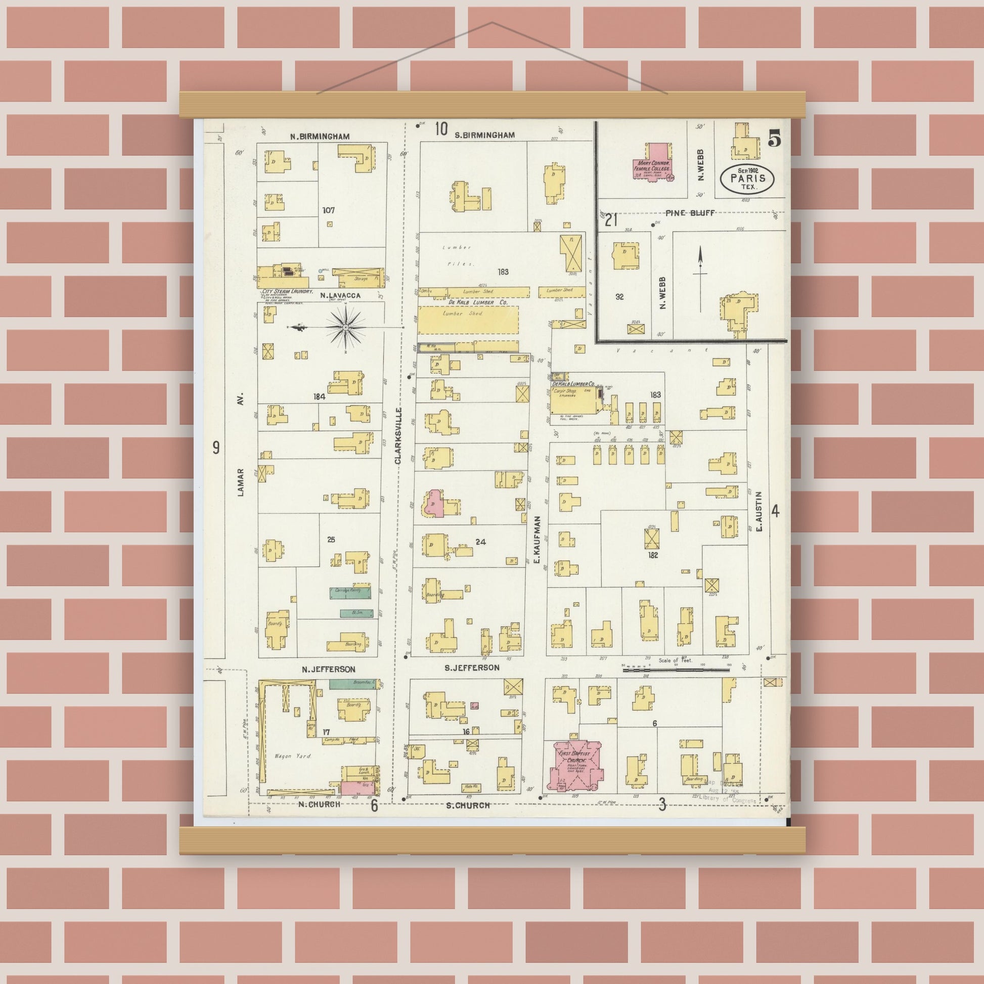 Old map wall art mockup — magnetic wood frame on brick wall — Sanborn Fire Insurance Map from Paris, Lamar County, Texas (1902), Sheet #0005