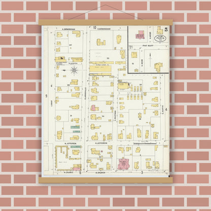 Old map wall art mockup — magnetic wood frame on brick wall — Sanborn Fire Insurance Map from Paris, Lamar County, Texas (1902), Sheet #0005