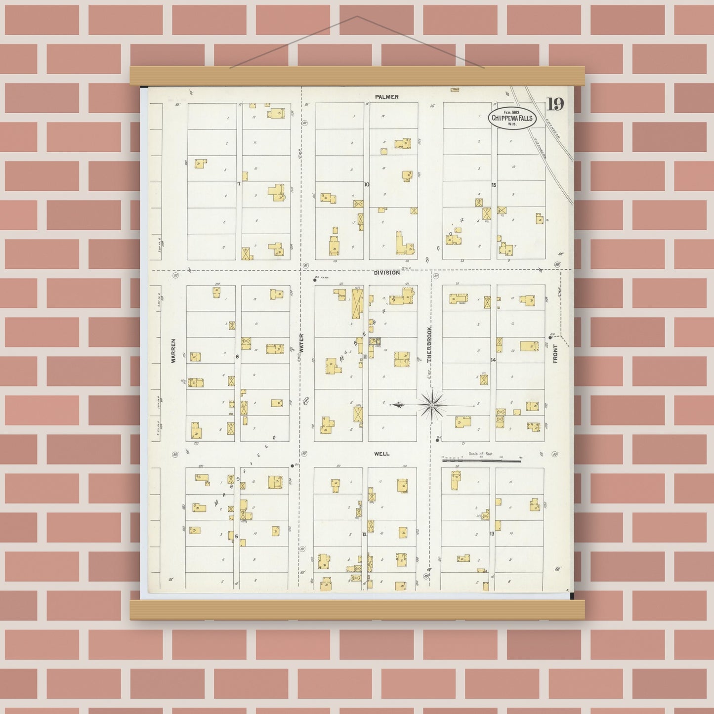 Old map wall art mockup — magnetic wood frame on brick wall — Sanborn Fire Insurance Map from Chippewa Falls, Chippewa County, Wisconsin (1903), Sheet #0019