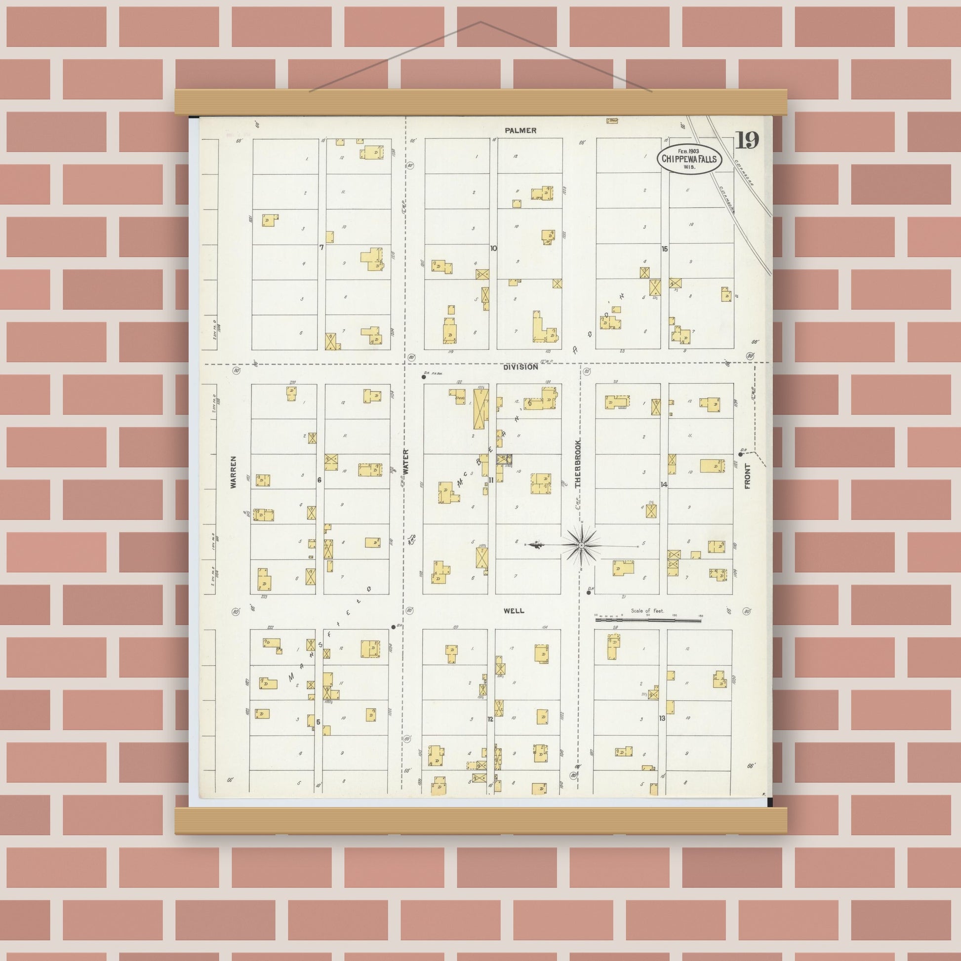 Old map wall art mockup — magnetic wood frame on brick wall — Sanborn Fire Insurance Map from Chippewa Falls, Chippewa County, Wisconsin (1903), Sheet #0019