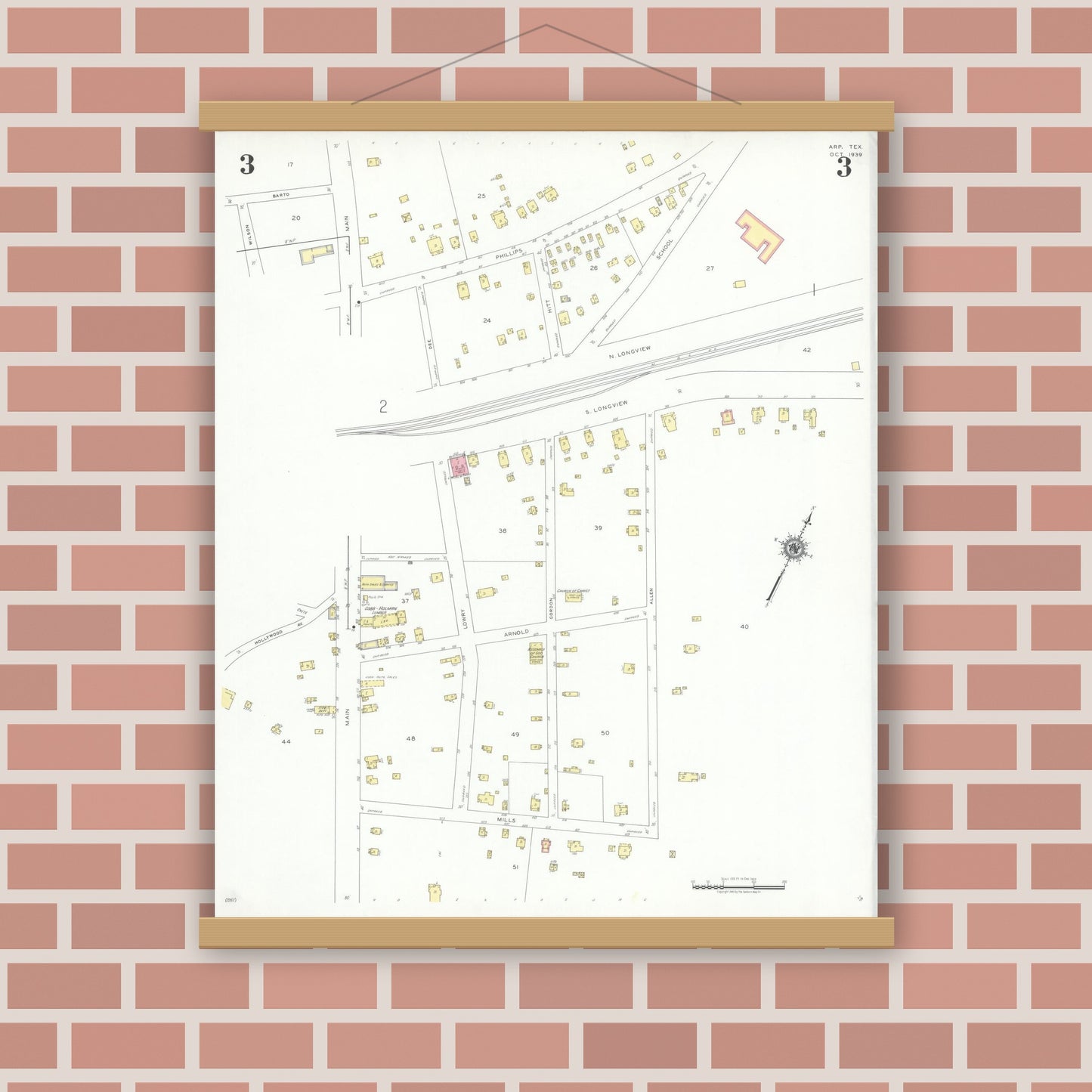 Old map wall art mockup — magnetic wood frame on brick wall — Sanborn Fire Insurance Map from Arp, Smith County, Texas (1939), Sheet #0003