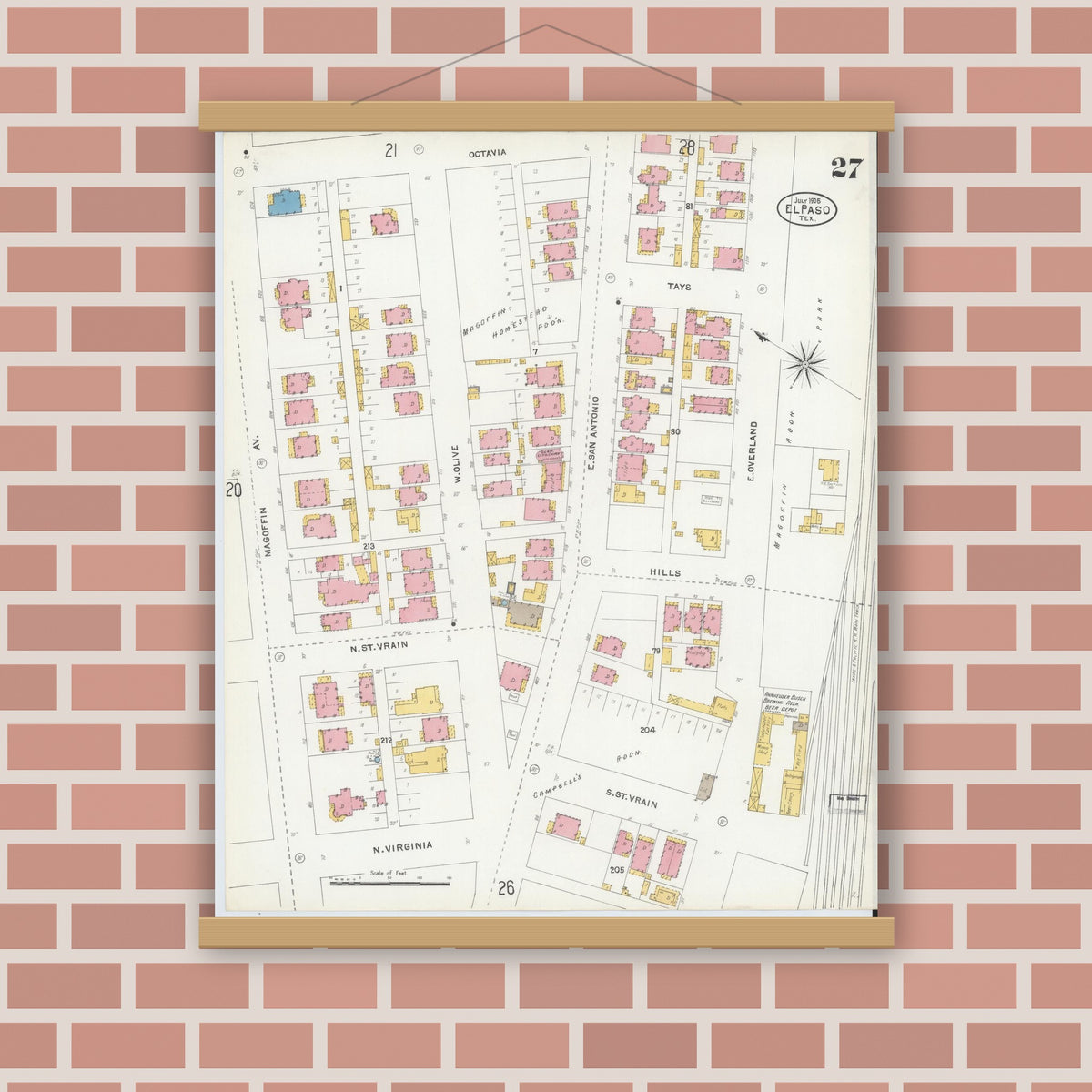 Old map wall art mockup — magnetic wood frame on brick wall — Sanborn Fire Insurance Map from El Paso, El Paso County, Texas (1905), Sheet #0027