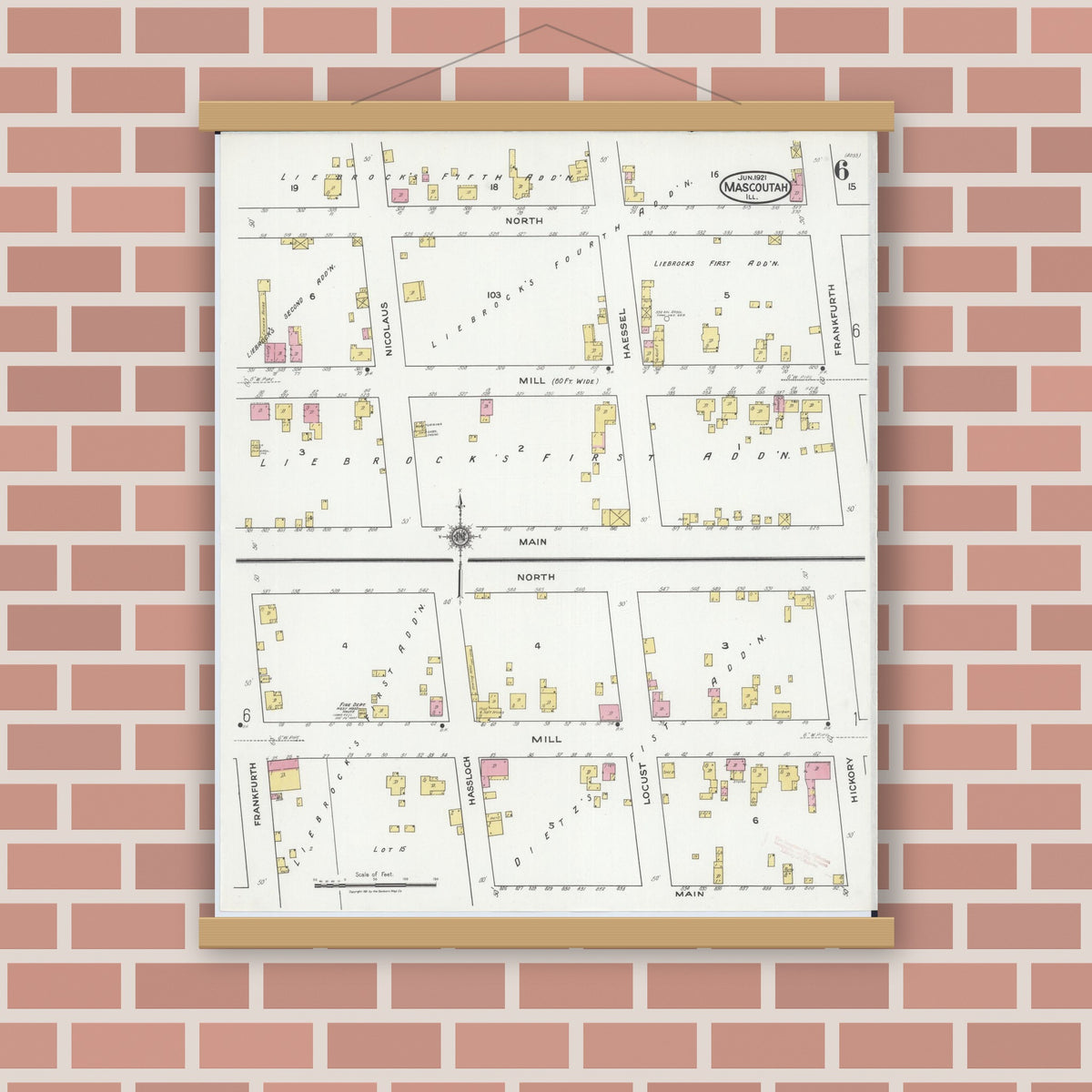 Old map wall art mockup — magnetic wood frame on brick wall — Sanborn Fire Insurance Map from Mascoutah, Saint Clair County, Illinois (1921), Sheet #0006