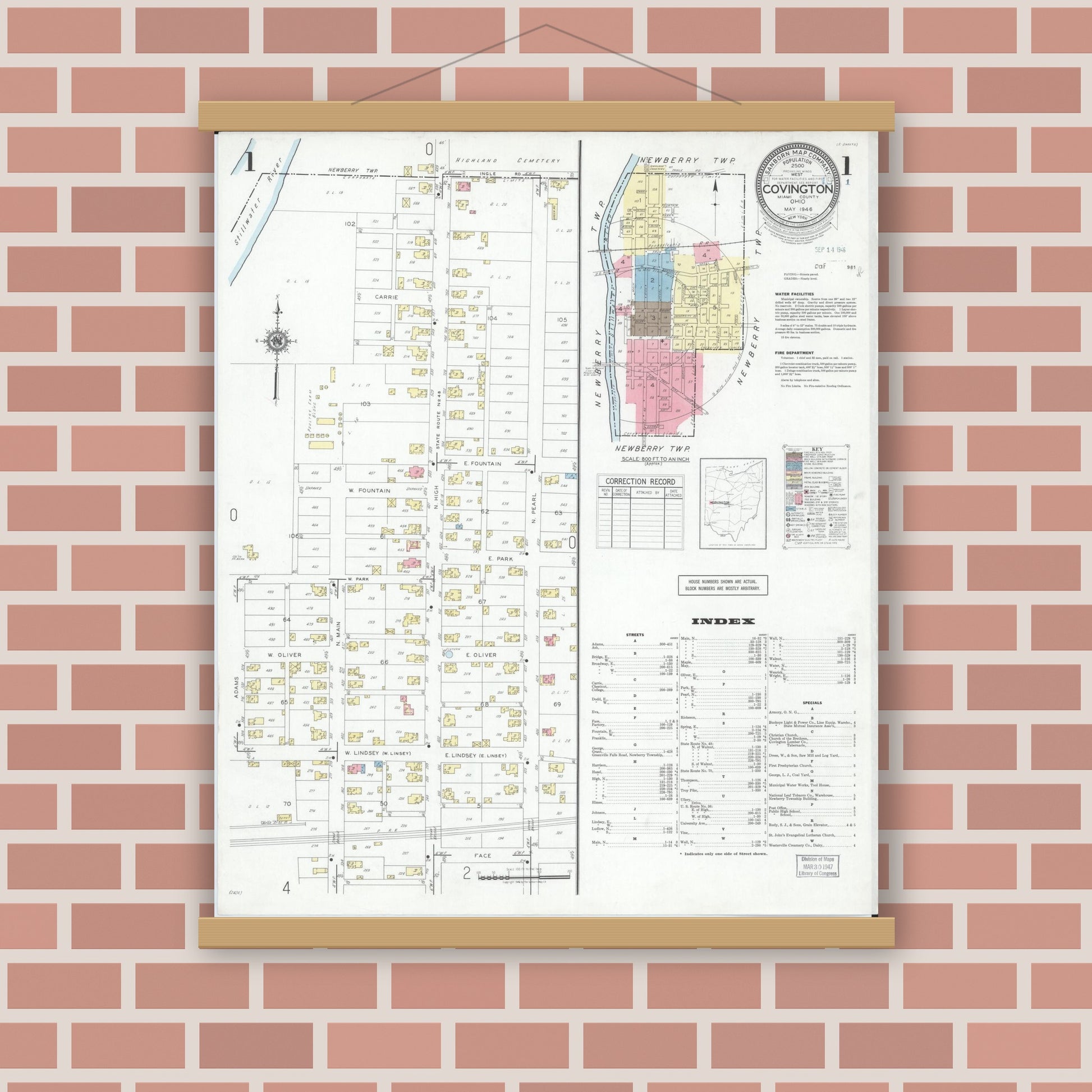 Old map wall art mockup — magnetic wood frame on brick wall — Sanborn Fire Insurance Map from Covington, Miami County, Ohio (1946) - Complete Map Set