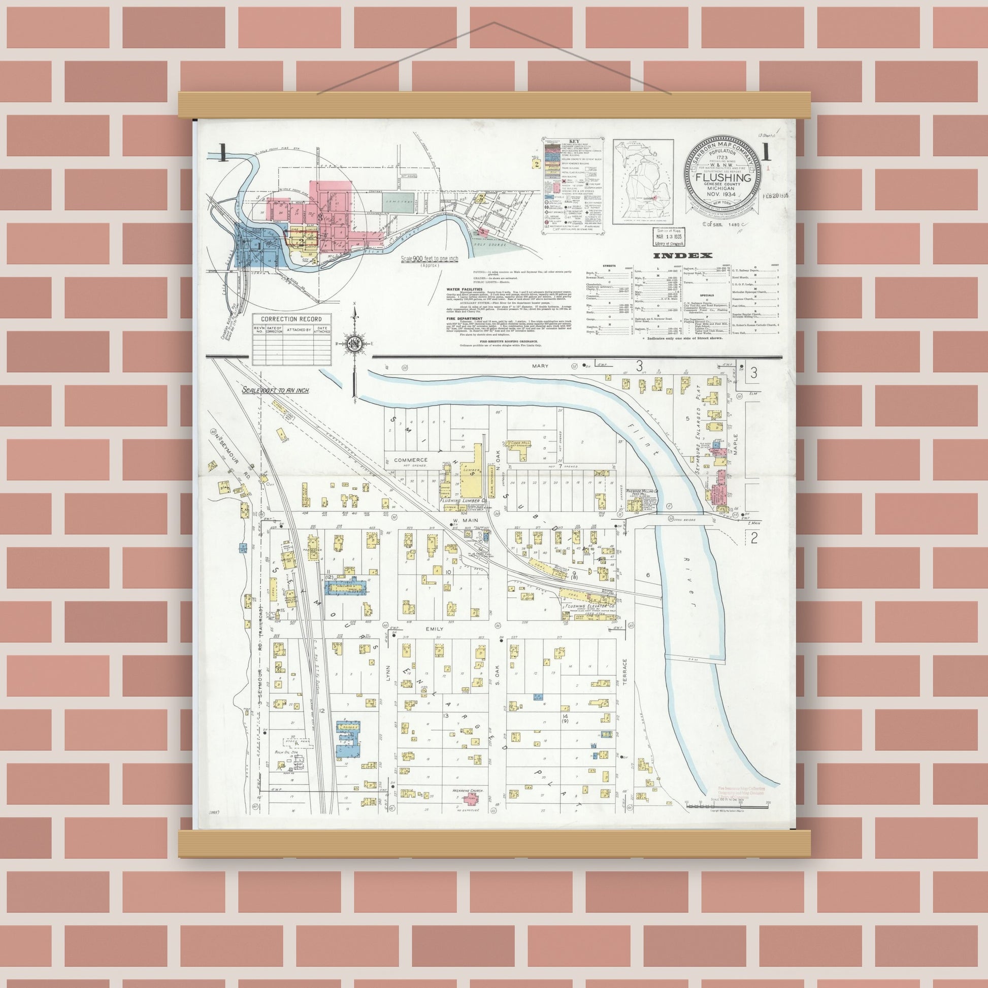 Old map wall art mockup — magnetic wood frame on brick wall — Sanborn Fire Insurance Map from Flushing, Genesee County, Michigan (1934) - Complete Map Set