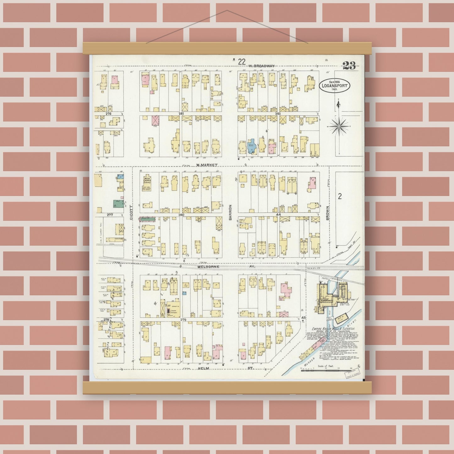 Old map wall art mockup — magnetic wood frame on brick wall — Sanborn Fire Insurance Map from Logansport, Cass County, Indiana (1906), Sheet #0023