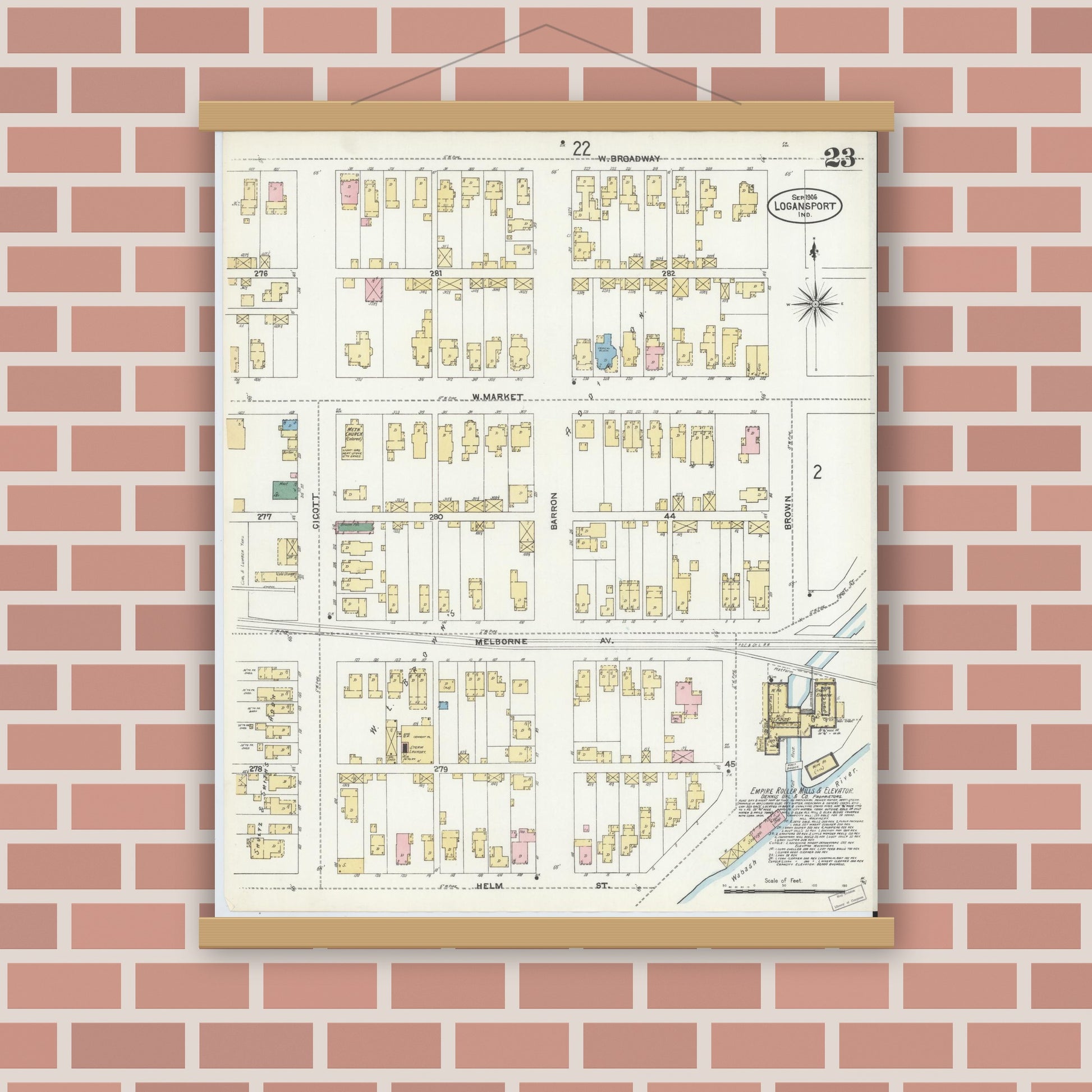Old map wall art mockup — magnetic wood frame on brick wall — Sanborn Fire Insurance Map from Logansport, Cass County, Indiana (1906), Sheet #0023