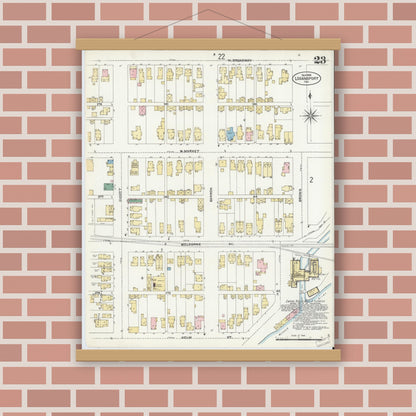 Old map wall art mockup — magnetic wood frame on brick wall — Sanborn Fire Insurance Map from Logansport, Cass County, Indiana (1906), Sheet #0023