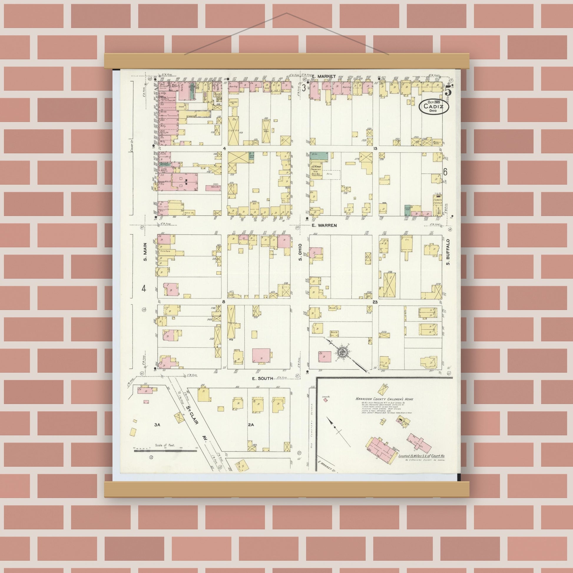 Old map wall art mockup — magnetic wood frame on brick wall — Sanborn Fire Insurance Map from Cadiz, Harrison County, Ohio (1909), Sheet #0005