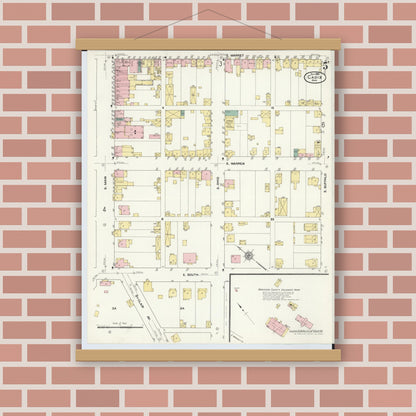 Old map wall art mockup — magnetic wood frame on brick wall — Sanborn Fire Insurance Map from Cadiz, Harrison County, Ohio (1909), Sheet #0005