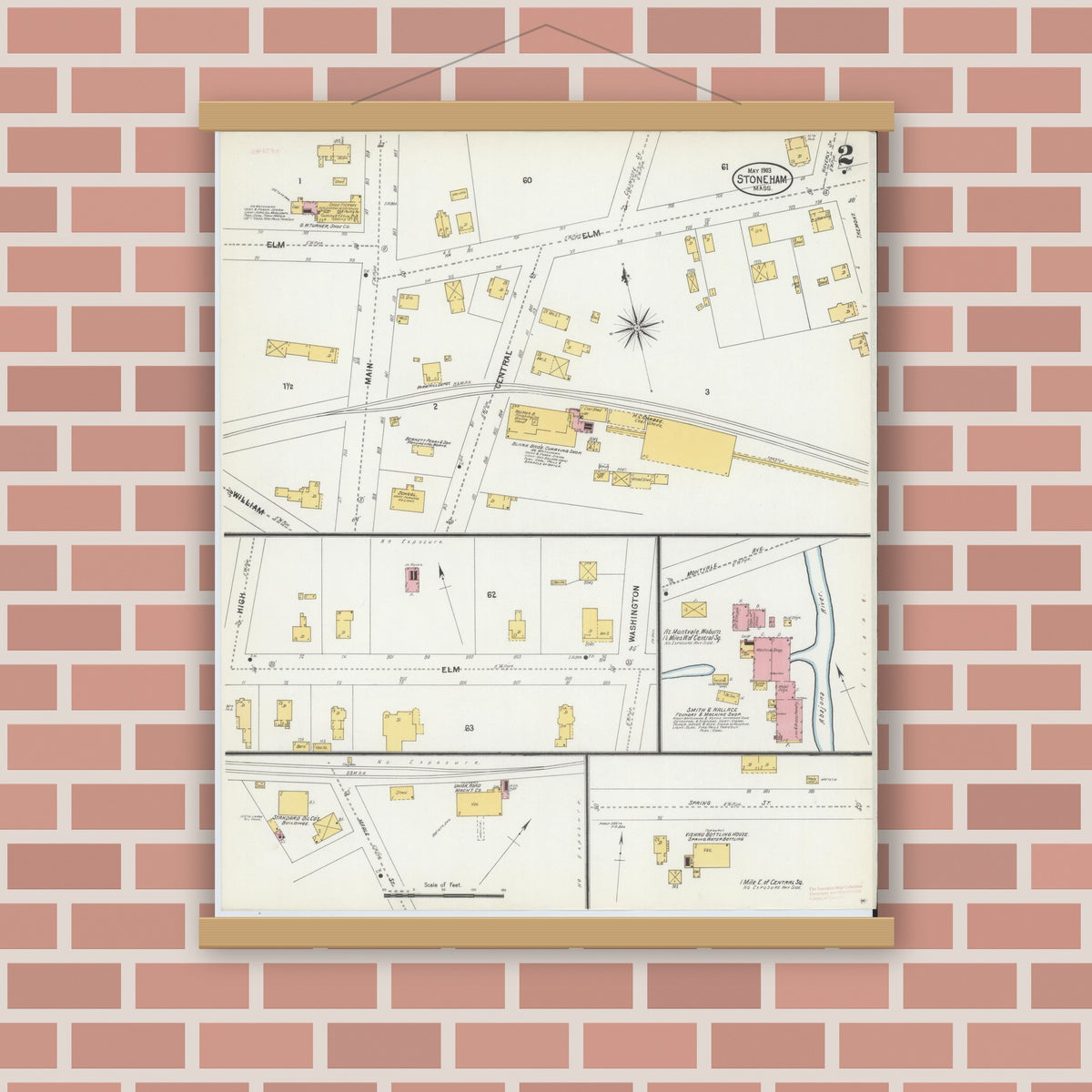 Old map wall art mockup — magnetic wood frame on brick wall — Sanborn Fire Insurance Map from Stoneham, Middlesex County, Massachusetts (1903), Sheet #0002