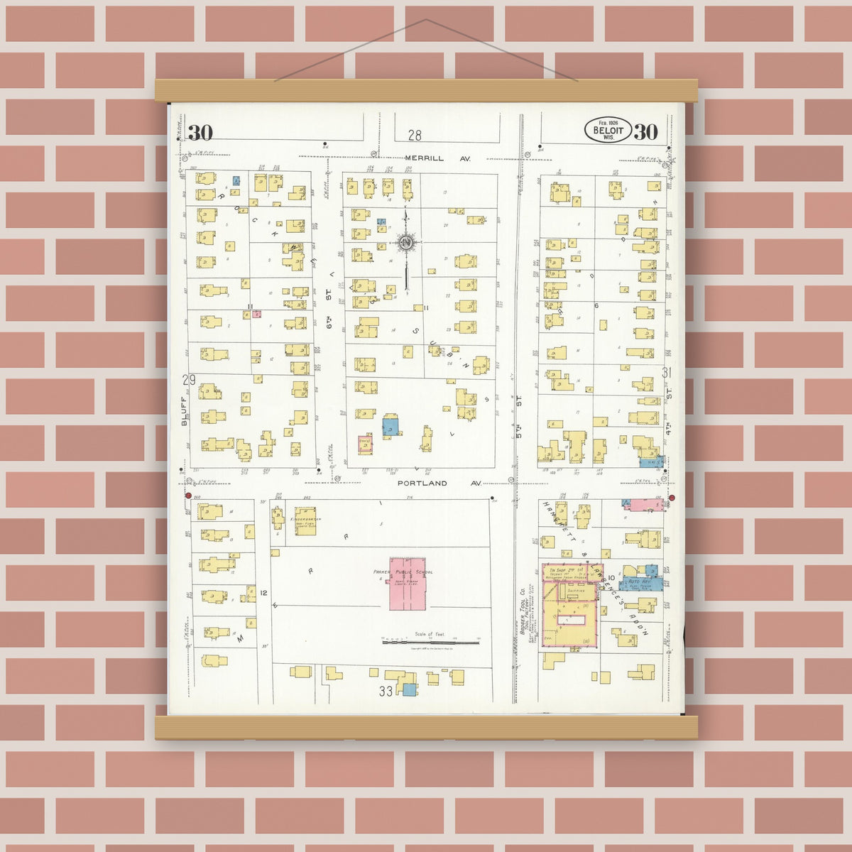 Old map wall art mockup — magnetic wood frame on brick wall — Sanborn Fire Insurance Map from Beloit, Rock County, Wisconsin (1926), Sheet #0030