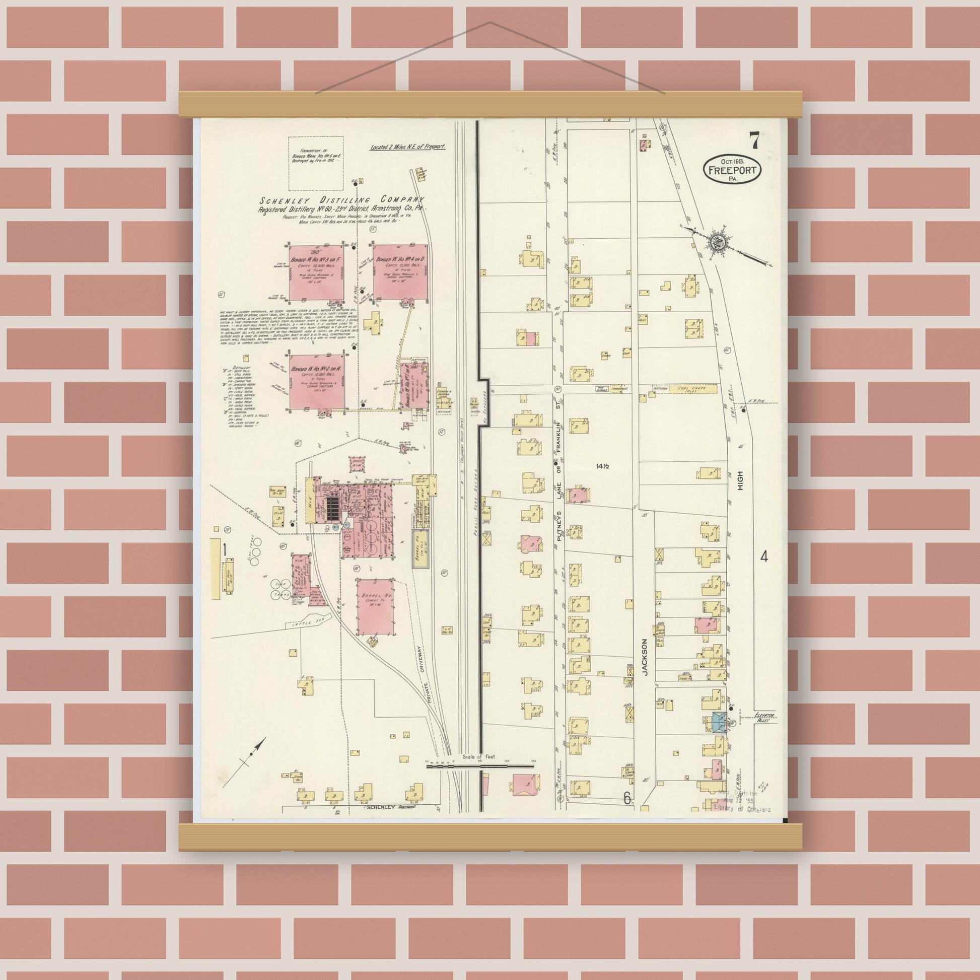 Old map wall art mockup — magnetic wood frame on brick wall — Sanborn Fire Insurance Map from Freeport, Armstrong County, Pennsylvania (1913), Sheet #0007