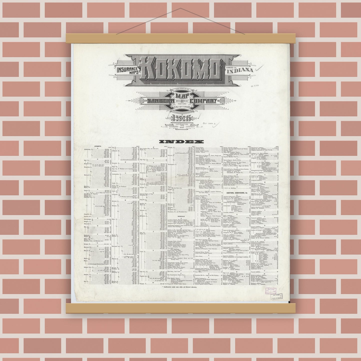 Old map wall art mockup — magnetic wood frame on brick wall — Sanborn Fire Insurance Map from Kokomo, Howard County, Indiana (1916), Sheet #0001