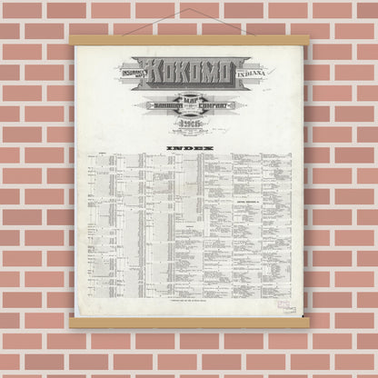Old map wall art mockup — magnetic wood frame on brick wall — Sanborn Fire Insurance Map from Kokomo, Howard County, Indiana (1916), Sheet #0001