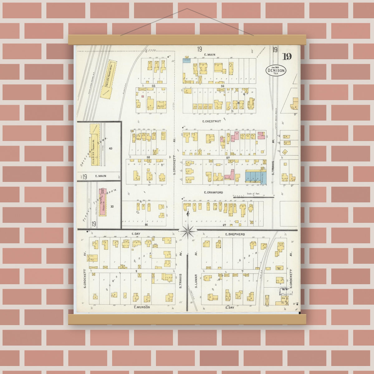 Old map wall art mockup — magnetic wood frame on brick wall — Sanborn Fire Insurance Map from Denison, Grayson County, Texas (1903), Sheet #0019