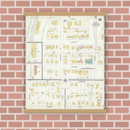 Old map wall art mockup — magnetic wood frame on brick wall — Sanborn Fire Insurance Map from Denison, Grayson County, Texas (1903), Sheet #0019