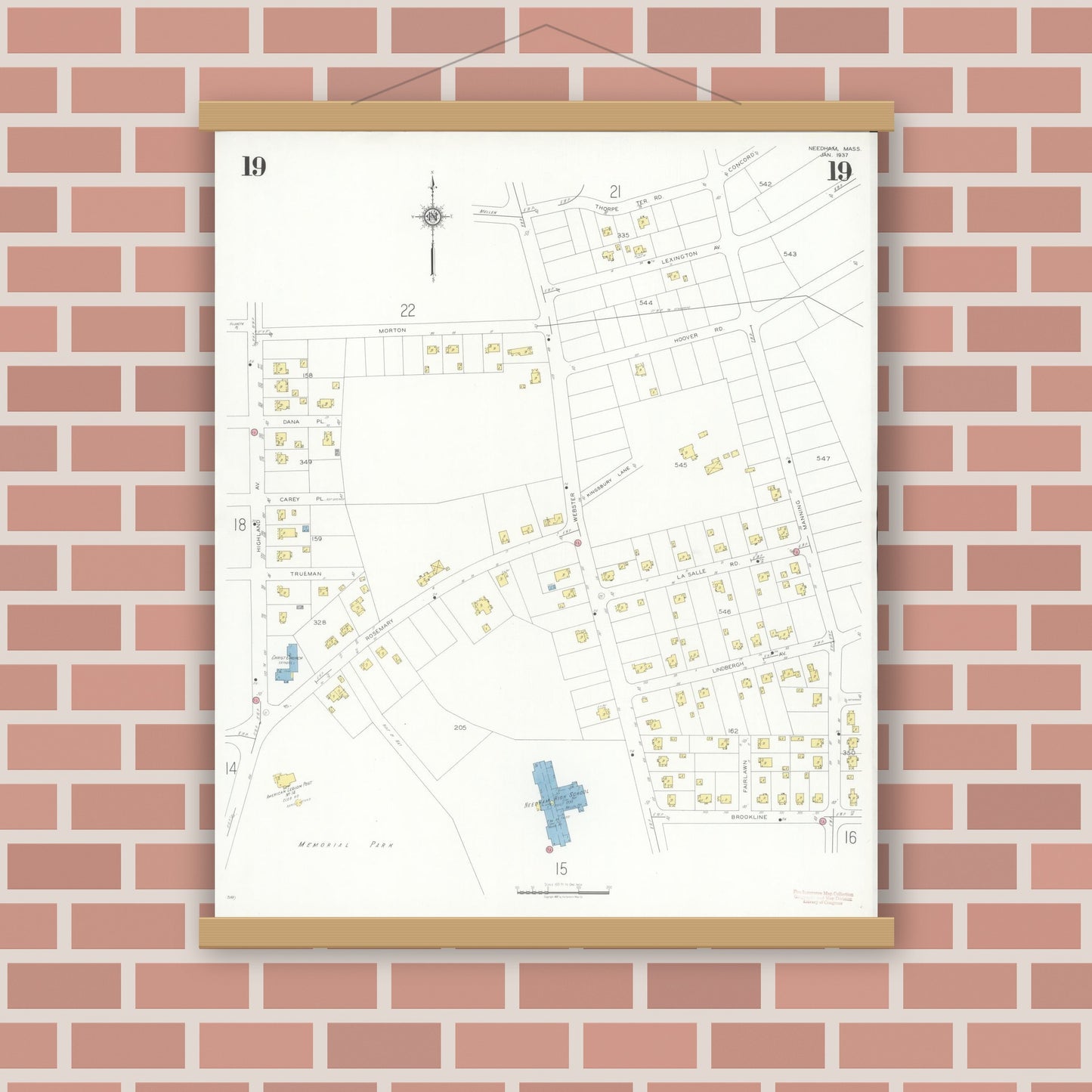 Old map wall art mockup — magnetic wood frame on brick wall — Sanborn Fire Insurance Map from Needham, Norfolk County, Massachusetts (1937), Sheet #0019