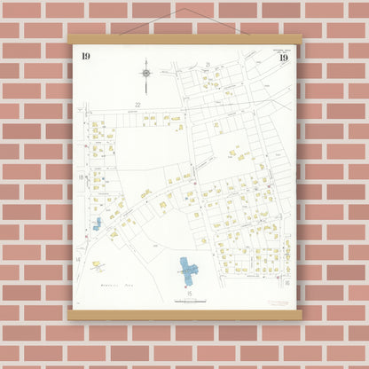 Old map wall art mockup — magnetic wood frame on brick wall — Sanborn Fire Insurance Map from Needham, Norfolk County, Massachusetts (1937), Sheet #0019