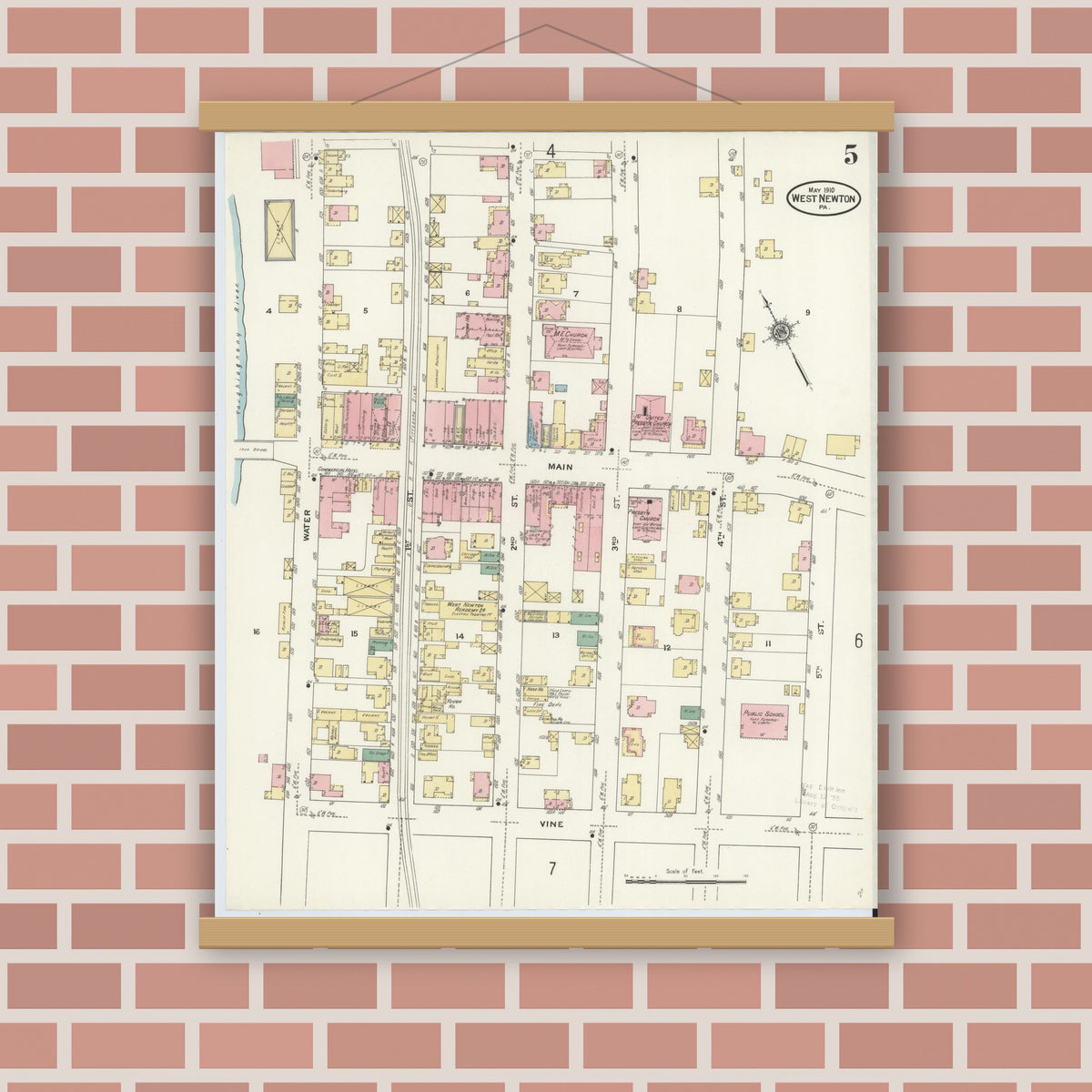 Old map wall art mockup — magnetic wood frame on brick wall — Sanborn Fire Insurance Map from West Newton, Westmoreland County, Pennsylvania (1910), Sheet #0005