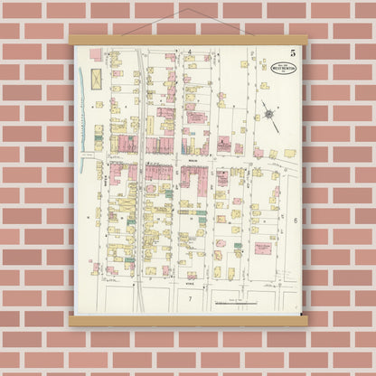 Old map wall art mockup — magnetic wood frame on brick wall — Sanborn Fire Insurance Map from West Newton, Westmoreland County, Pennsylvania (1910), Sheet #0005