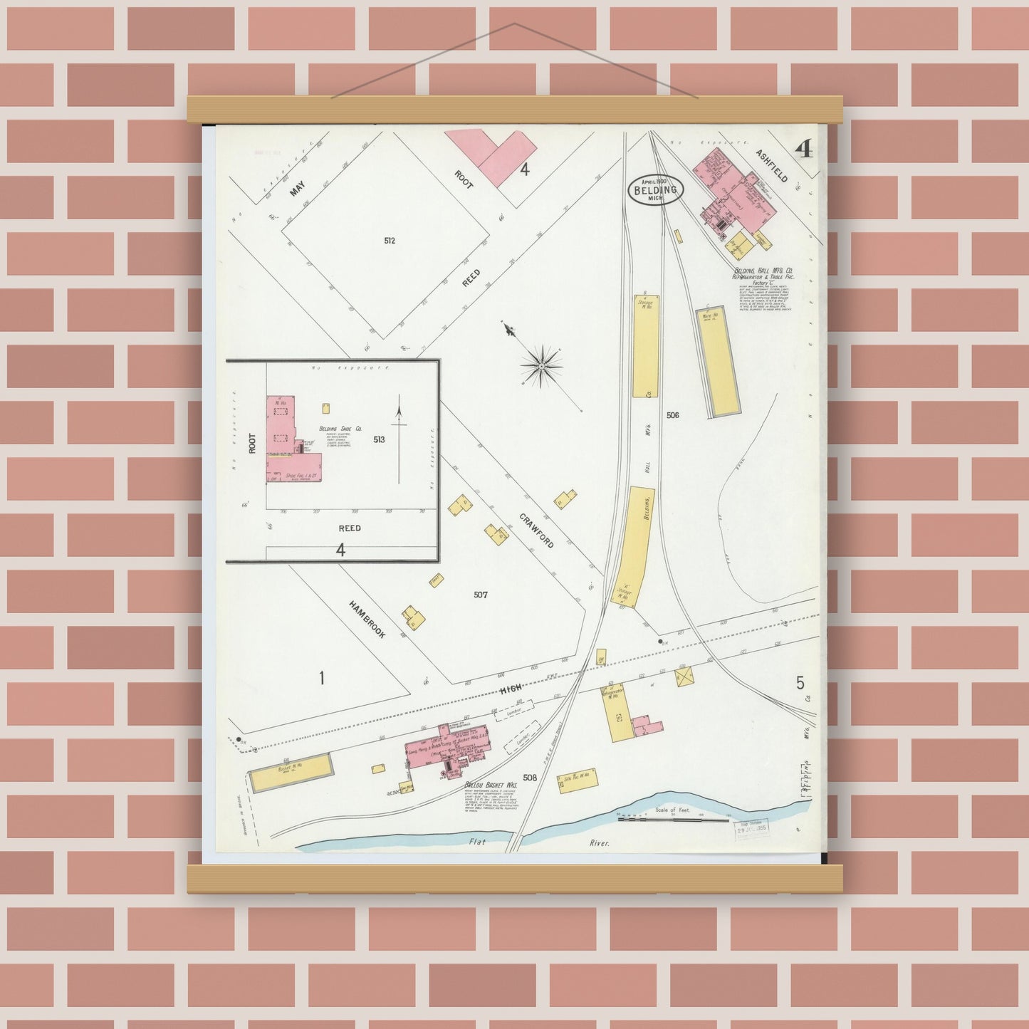 Old map wall art mockup — magnetic wood frame on brick wall — Sanborn Fire Insurance Map from Belding, Ionia County, Michigan (1900), Sheet #0004