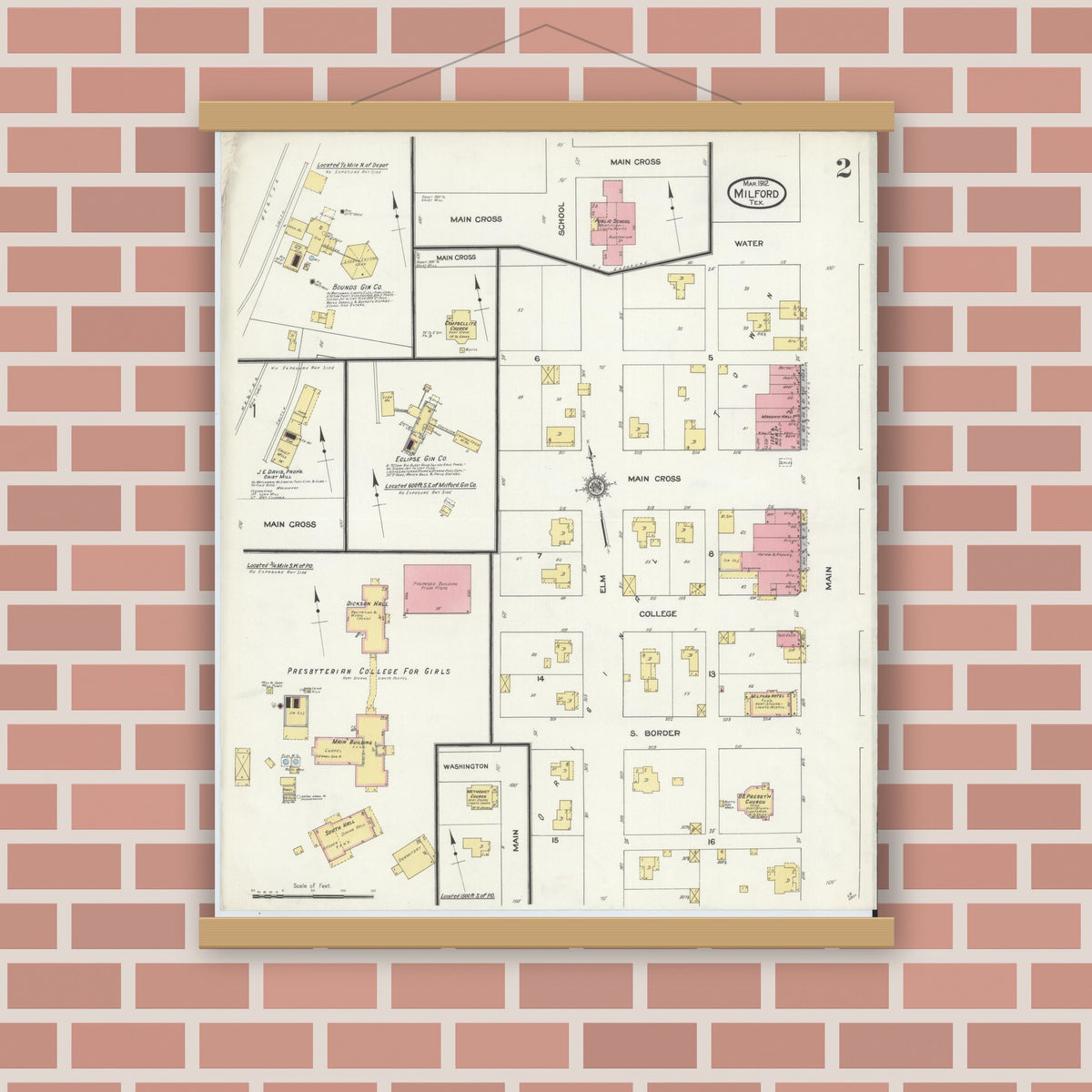 Old map wall art mockup — magnetic wood frame on brick wall — Sanborn Fire Insurance Map from Milford, Ellis County, Texas (1912), Sheet #0002