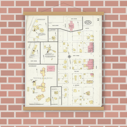 Old map wall art mockup — magnetic wood frame on brick wall — Sanborn Fire Insurance Map from Milford, Ellis County, Texas (1912), Sheet #0002