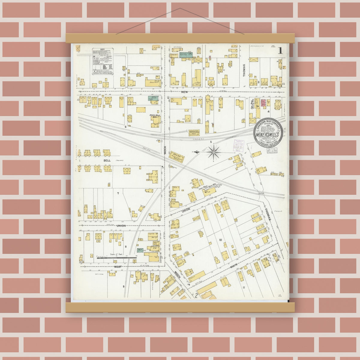 Old map wall art mockup — magnetic wood frame on brick wall — Sanborn Fire Insurance Map from Miners Mills, Luzerne County, Pennsylvania (1903) - Complete Map Set