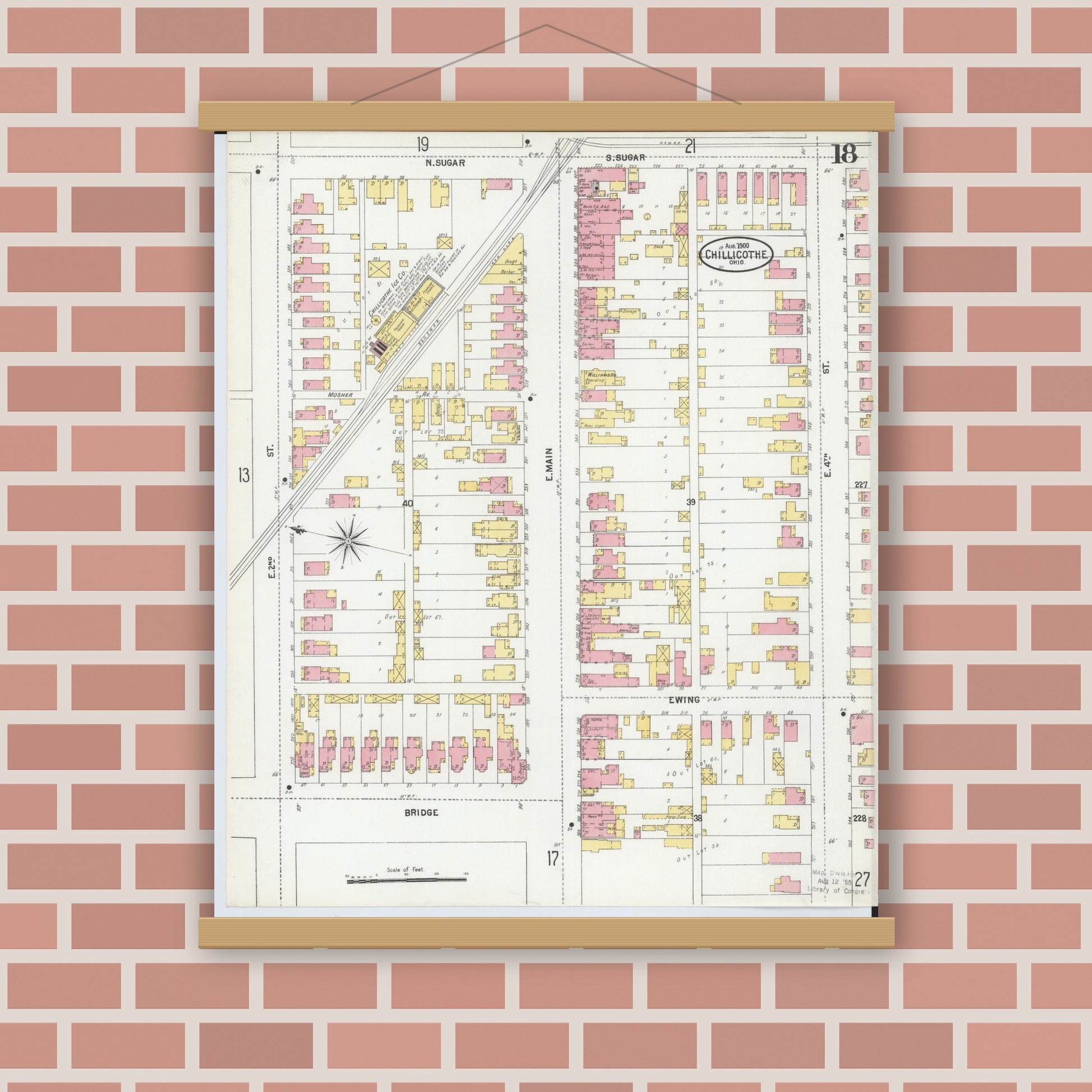 Old map wall art mockup — magnetic wood frame on brick wall — Sanborn Fire Insurance Map from Chillicothe, Ross County, Ohio (1900), Sheet #0018