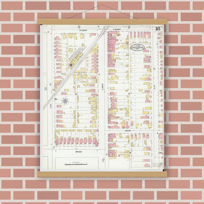 Old map wall art mockup — magnetic wood frame on brick wall — Sanborn Fire Insurance Map from Chillicothe, Ross County, Ohio (1900), Sheet #0018