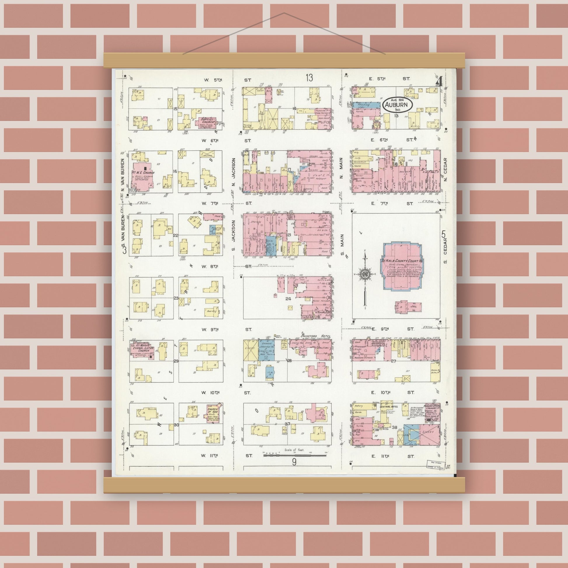 Old map wall art mockup — magnetic wood frame on brick wall — Sanborn Fire Insurance Map from Auburn, De Kalb County, Indiana (1914), Sheet #0004