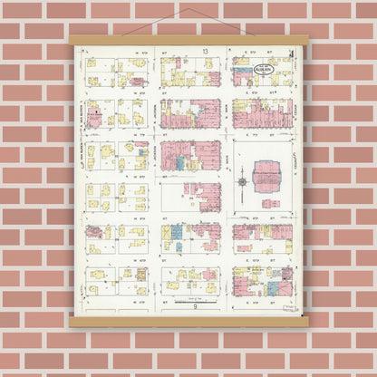 Old map wall art mockup — magnetic wood frame on brick wall — Sanborn Fire Insurance Map from Auburn, De Kalb County, Indiana (1914), Sheet #0004