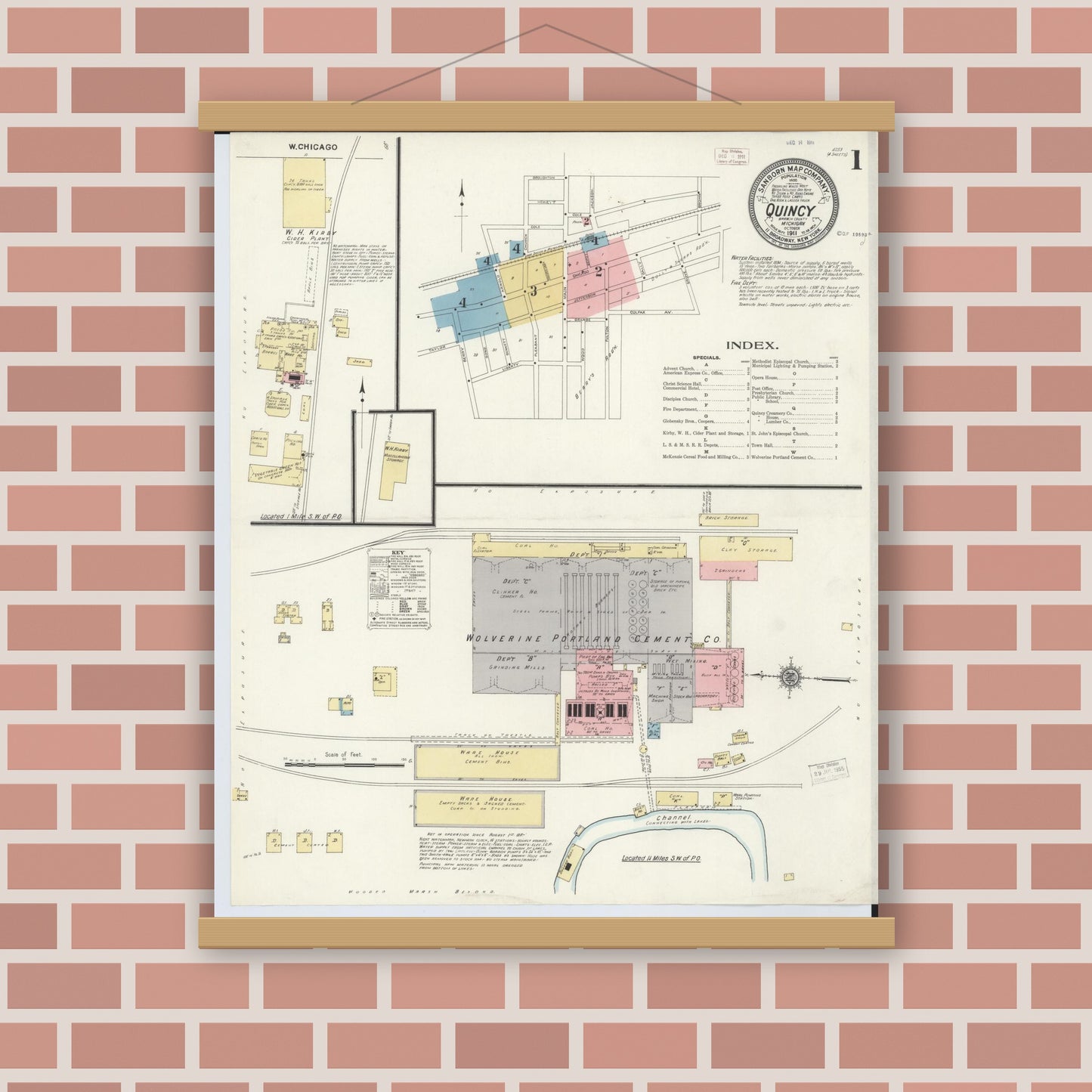 Old map wall art mockup — magnetic wood frame on brick wall — Sanborn Fire Insurance Map from Quincy, Branch County, Michigan (1911) - Complete Map Set