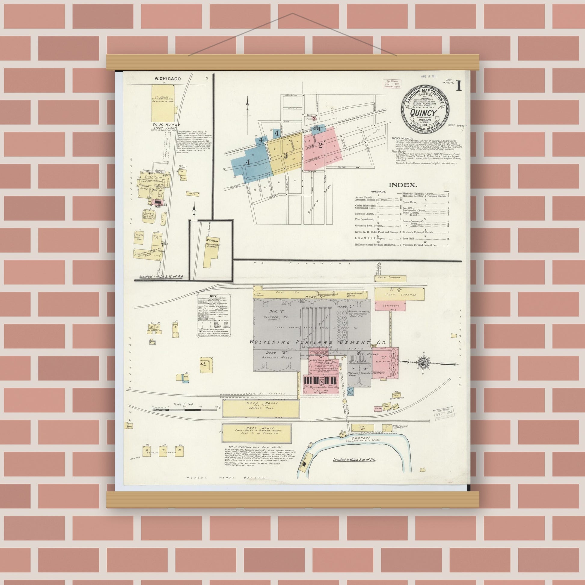 Old map wall art mockup — magnetic wood frame on brick wall — Sanborn Fire Insurance Map from Quincy, Branch County, Michigan (1911) - Complete Map Set
